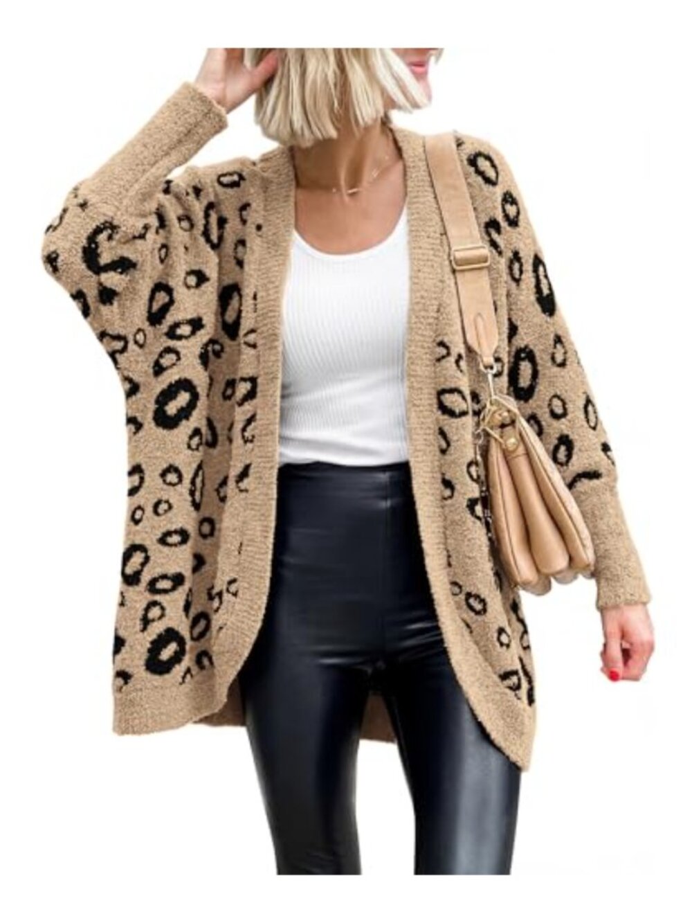 Leopard Print Batwing Long Sleeve Loose Knit Cardigan Sweater